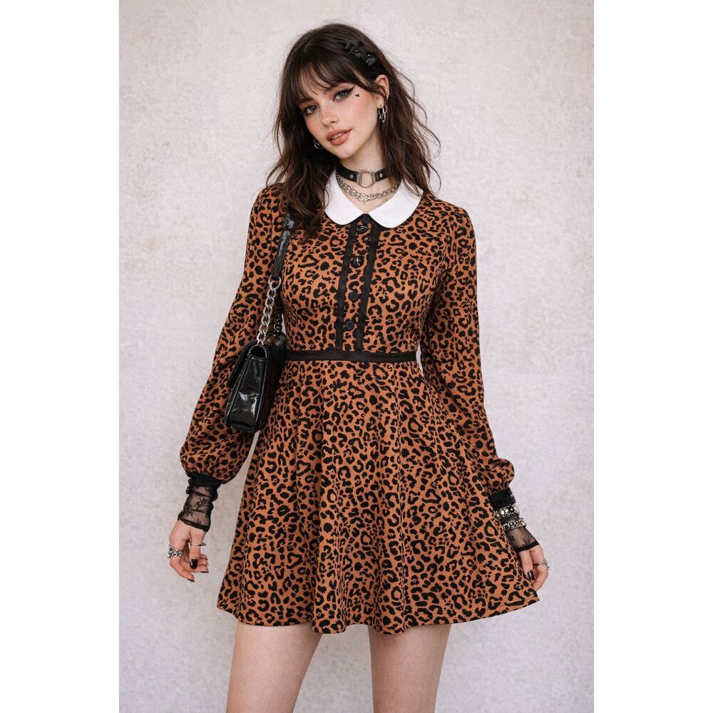 Modcloth Long Sleeve Retro Leopard Mini Dress   Women's Size Medium